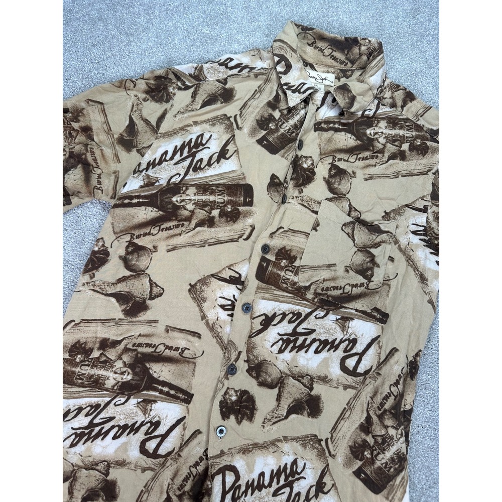 Panama Jack Button Up Shirt Rum Bottle‎ Graphic Print Tan Vacation Men's Small